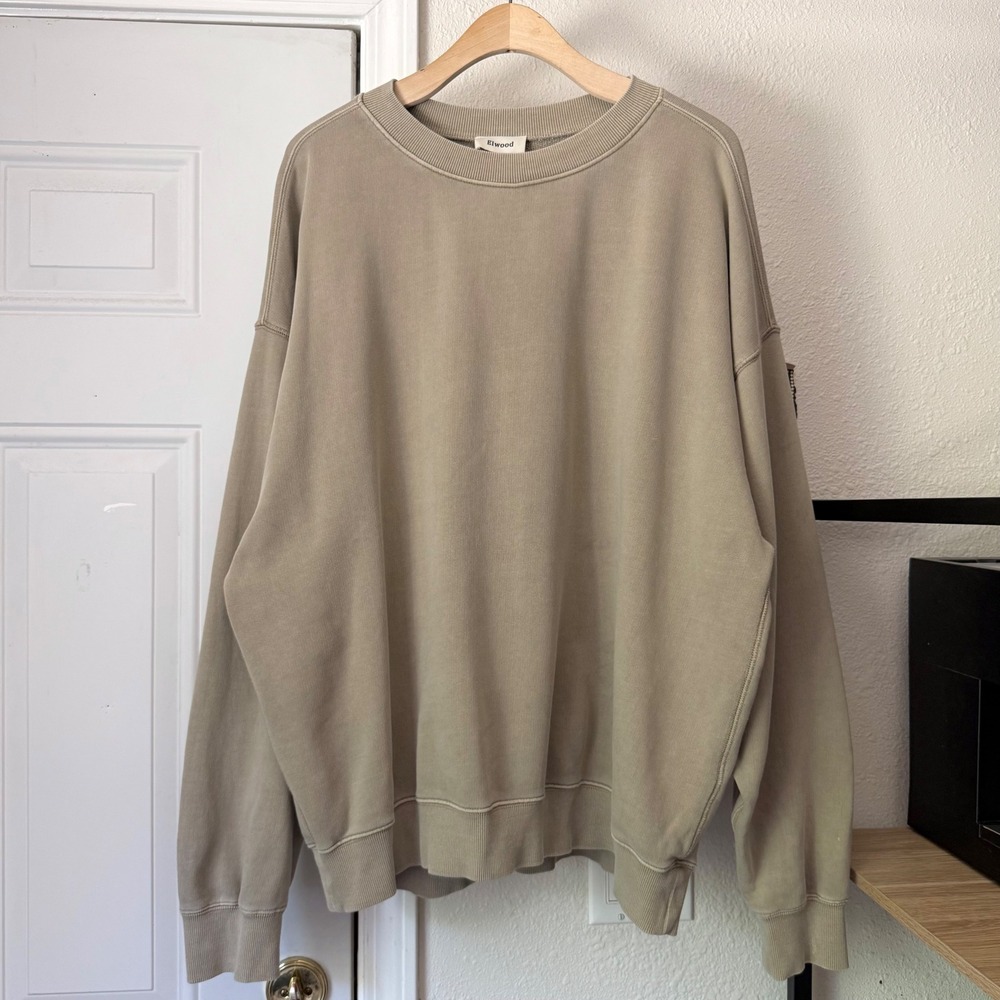 ELWOOD tan khaki organic cotton terry knit oversized boxy pullover sweater